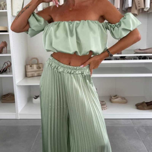 Dames Sexy Effen Kleur Top Wijde Benen Broek Tweedelige Set
