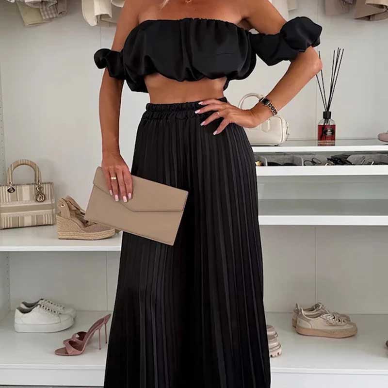 Dames Sexy Effen Kleur Top Wijde Benen Broek Tweedelige Set