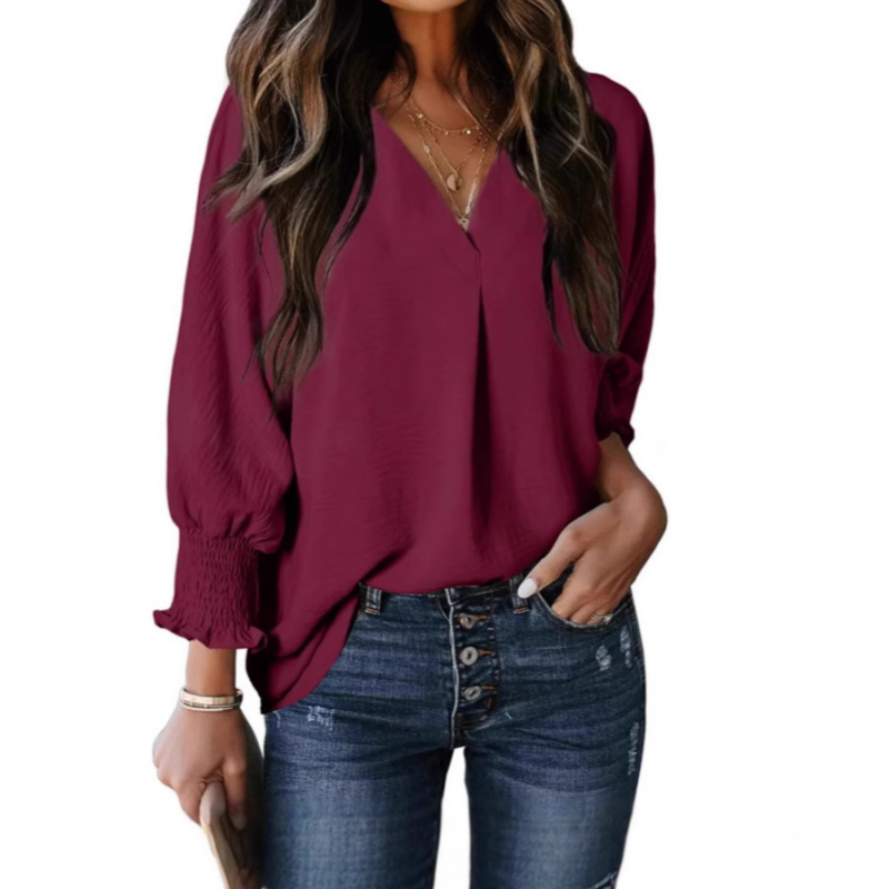 Casual 3/4 mouwen shirt met V-hals