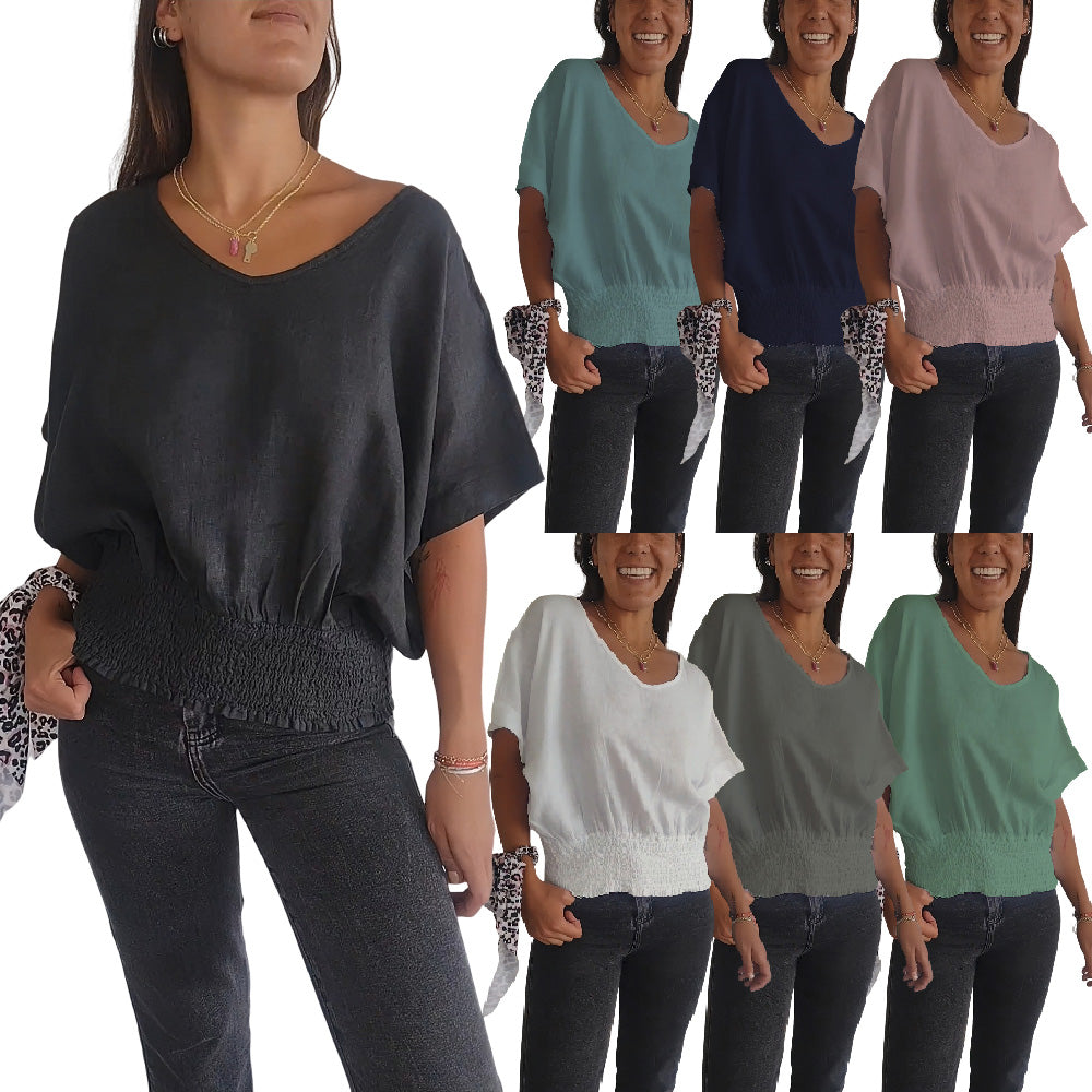 💝Eenvoudig effen T-shirt met V-hals en halve mouwen💛