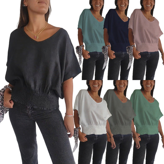 💝Eenvoudig effen T-shirt met V-hals en halve mouwen💛