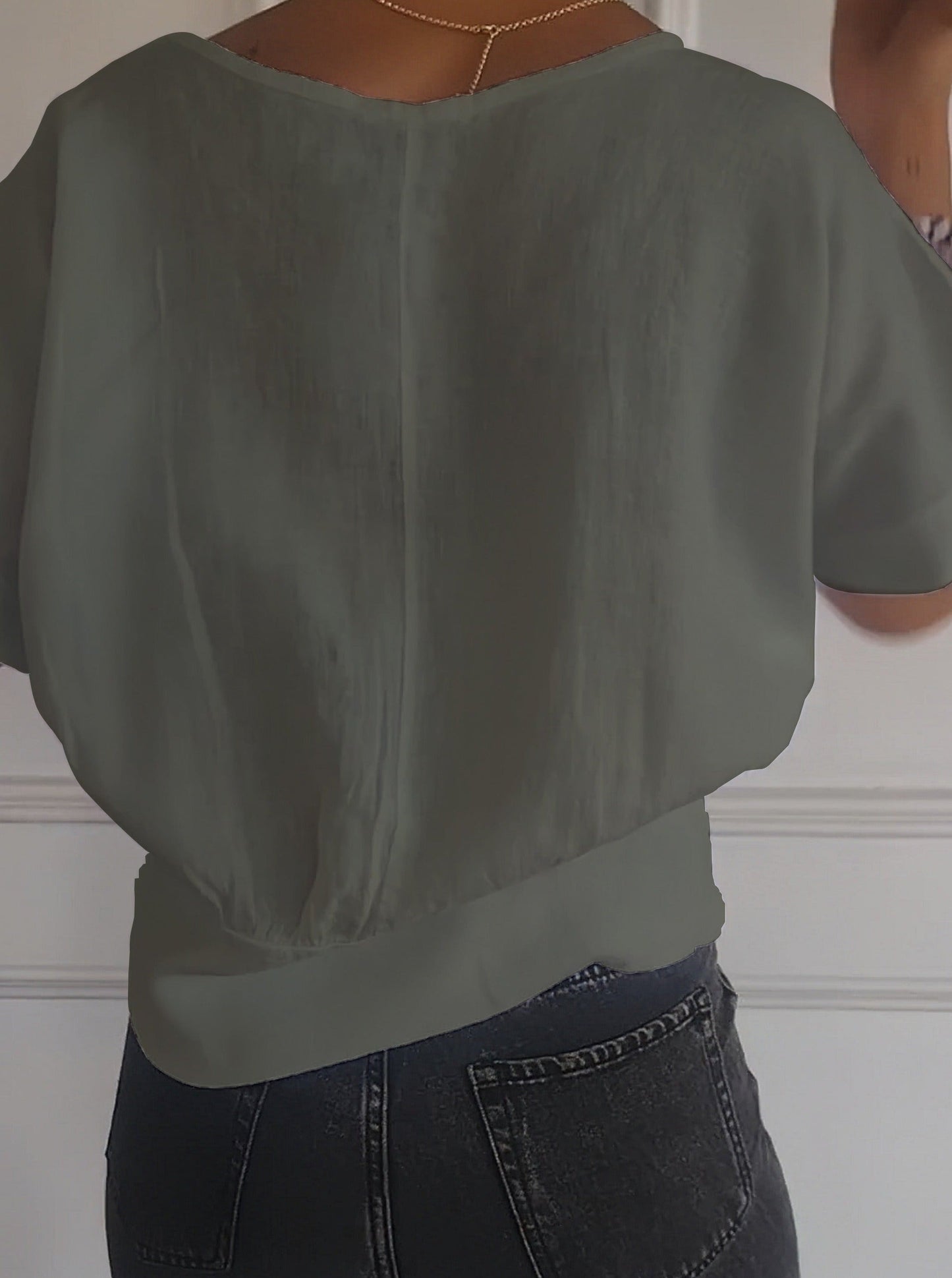 💝Eenvoudig effen T-shirt met V-hals en halve mouwen💛