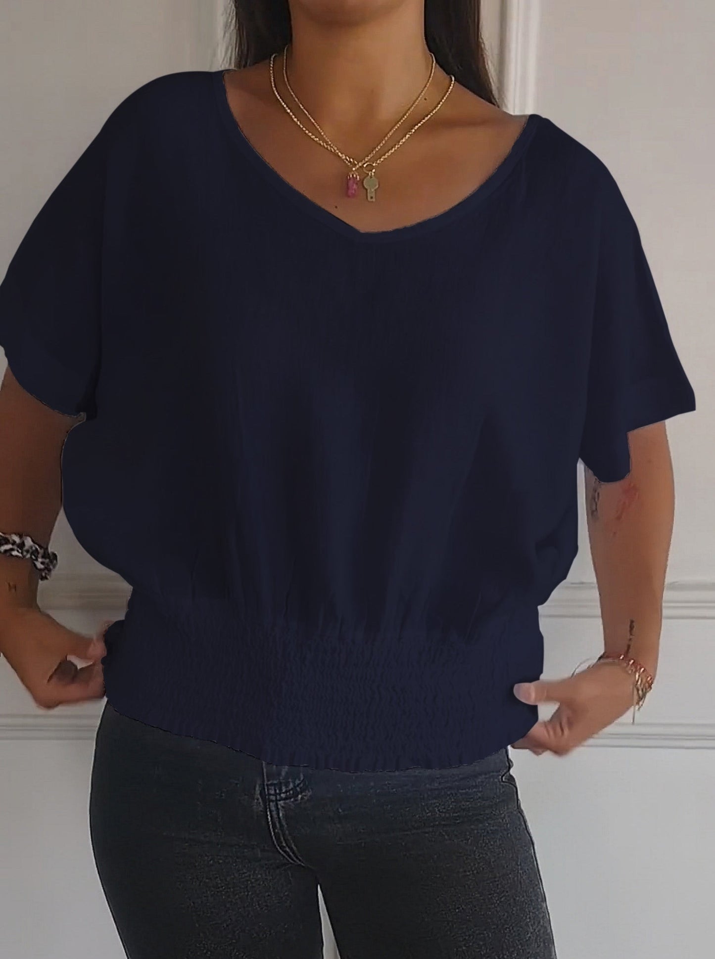 💝Eenvoudig effen T-shirt met V-hals en halve mouwen💛