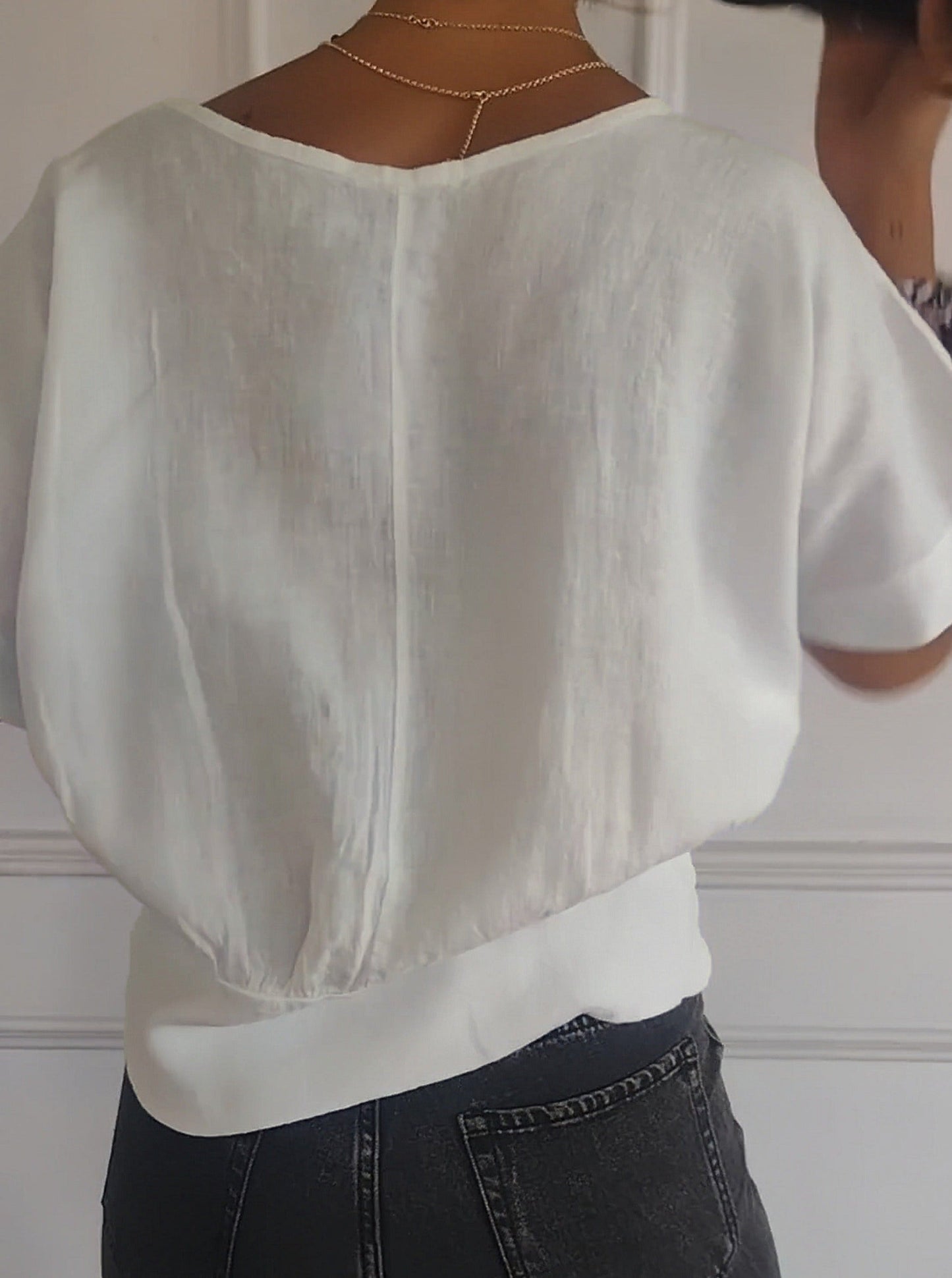💝Eenvoudig effen T-shirt met V-hals en halve mouwen💛