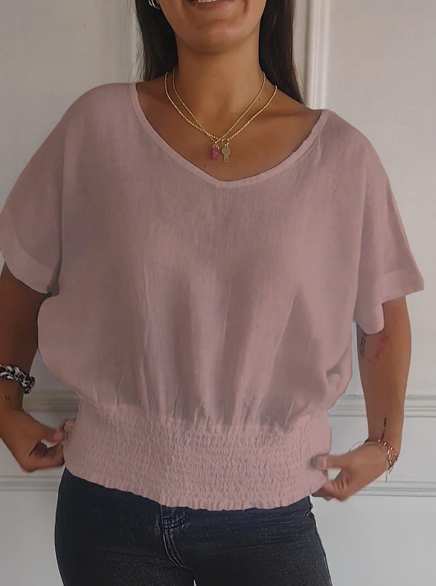 💝Eenvoudig effen T-shirt met V-hals en halve mouwen💛