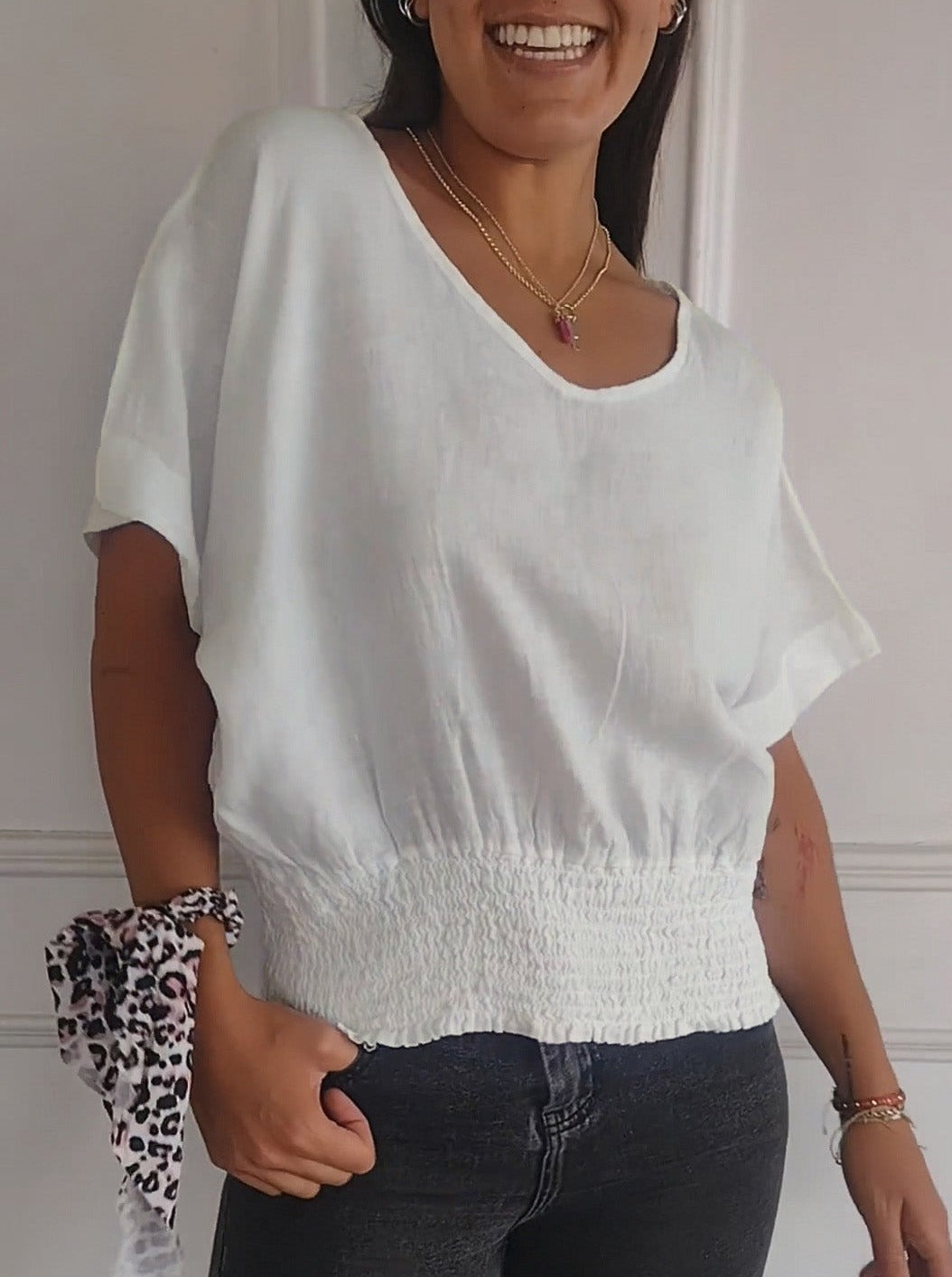 💝Eenvoudig effen T-shirt met V-hals en halve mouwen💛