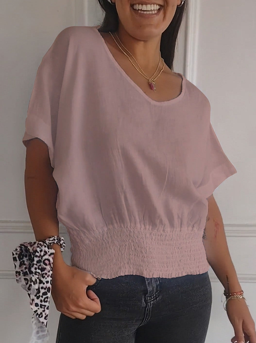 💝Eenvoudig effen T-shirt met V-hals en halve mouwen💛
