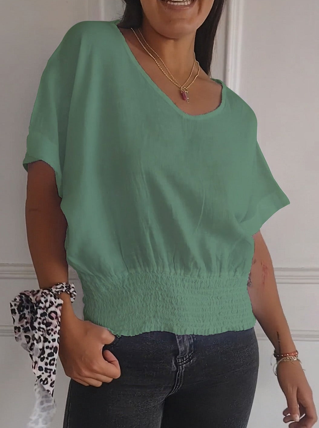 💝Eenvoudig effen T-shirt met V-hals en halve mouwen💛
