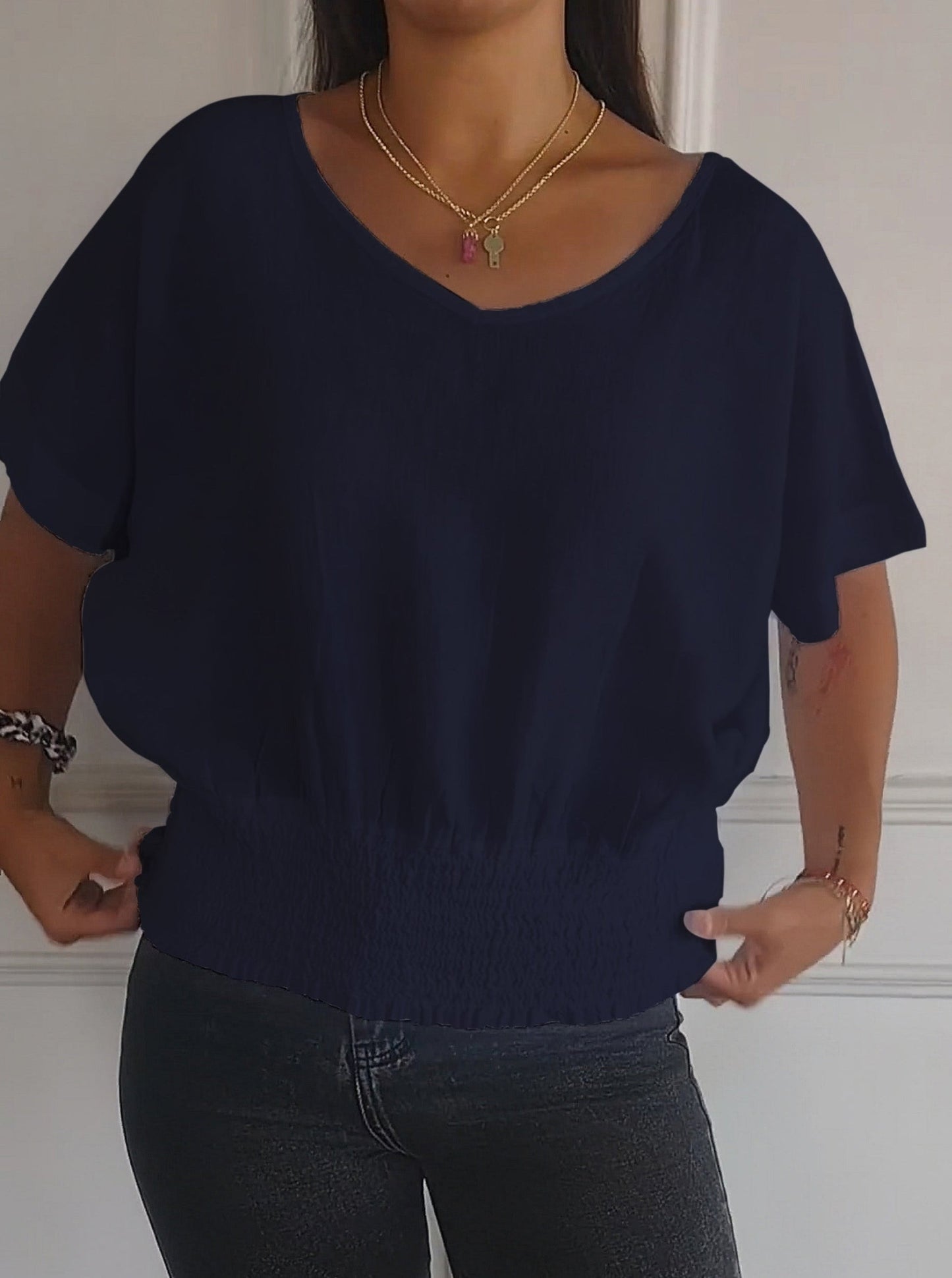 💝Eenvoudig effen T-shirt met V-hals en halve mouwen💛