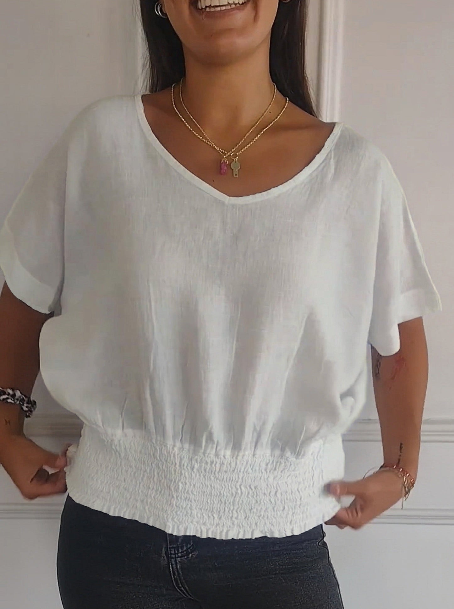 💝Eenvoudig effen T-shirt met V-hals en halve mouwen💛