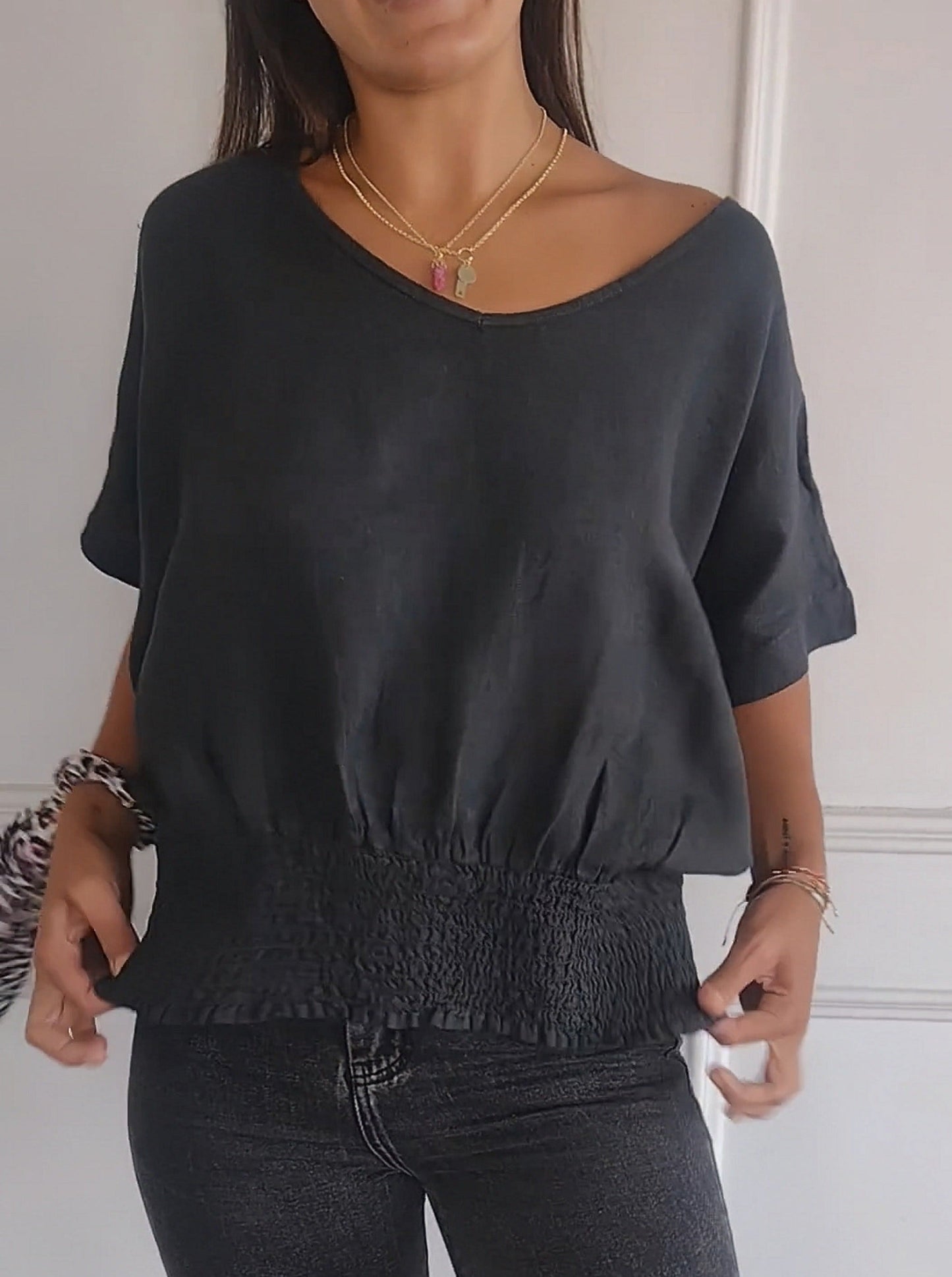 💝Eenvoudig effen T-shirt met V-hals en halve mouwen💛