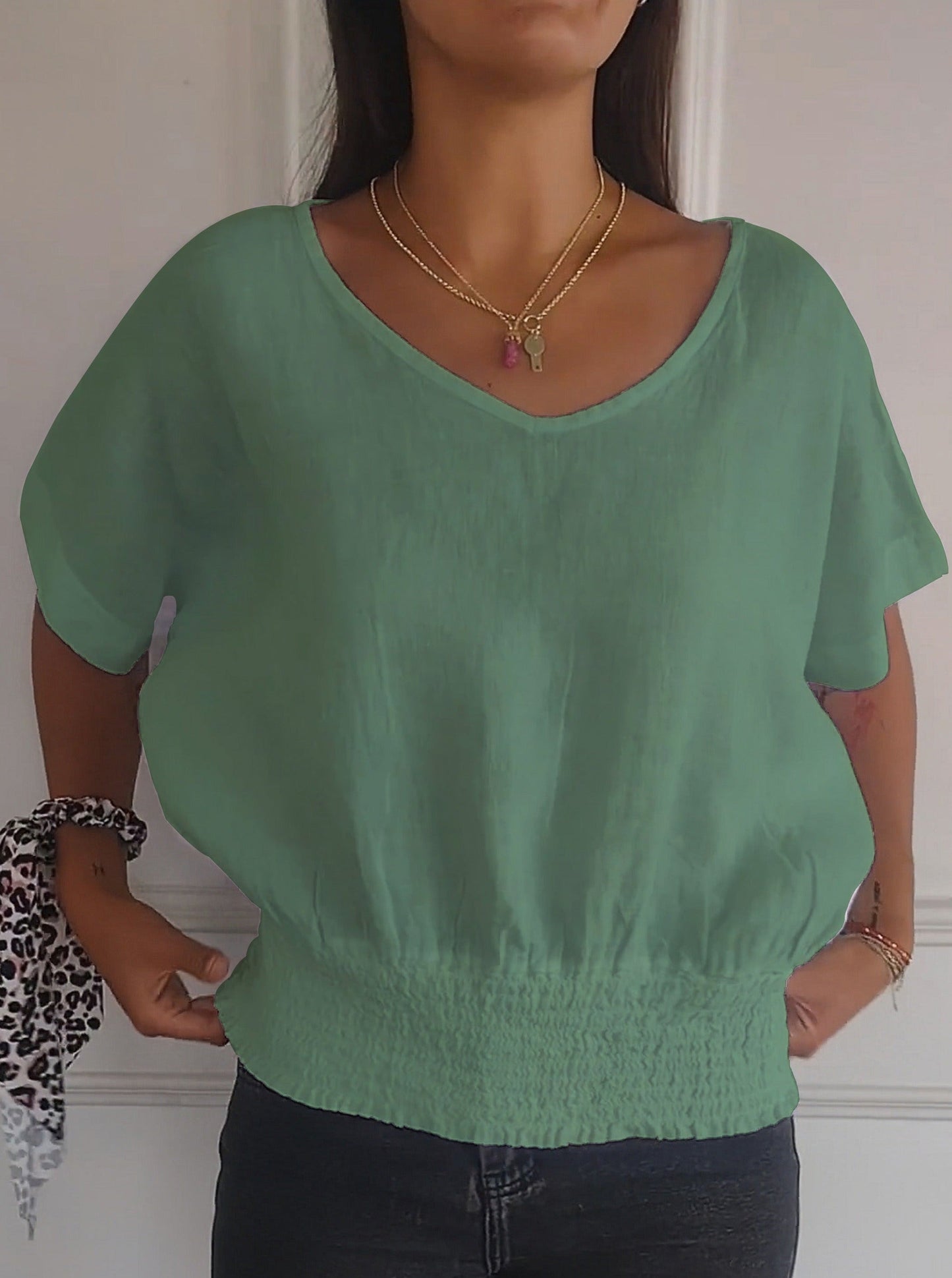 💝Eenvoudig effen T-shirt met V-hals en halve mouwen💛