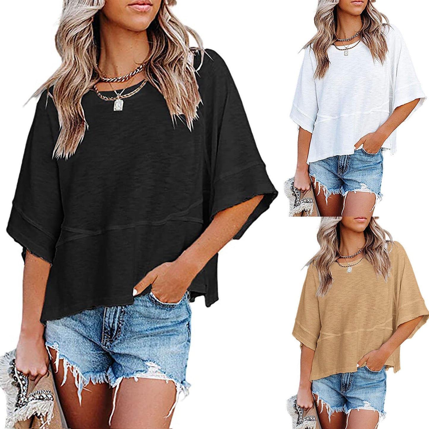 Effen gekleurd losse patchwork T-shirt met vijf punten uitlopende mouwen