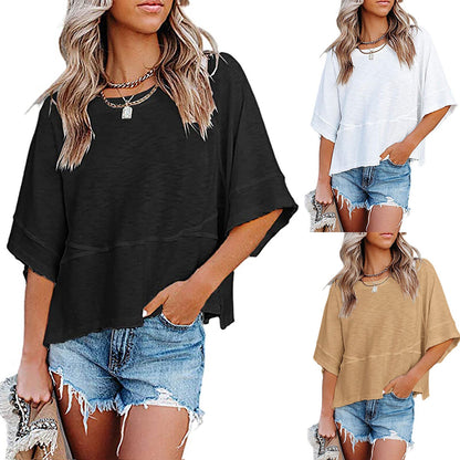 Effen gekleurd losse patchwork T-shirt met vijf punten uitlopende mouwen