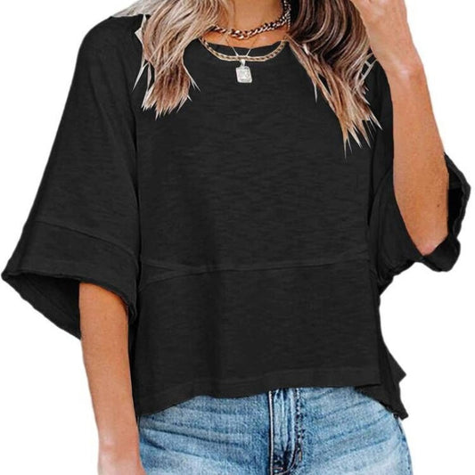 Effen gekleurd losse patchwork T-shirt met vijf punten uitlopende mouwen