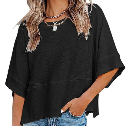 Effen gekleurd losse patchwork T-shirt met vijf punten uitlopende mouwen