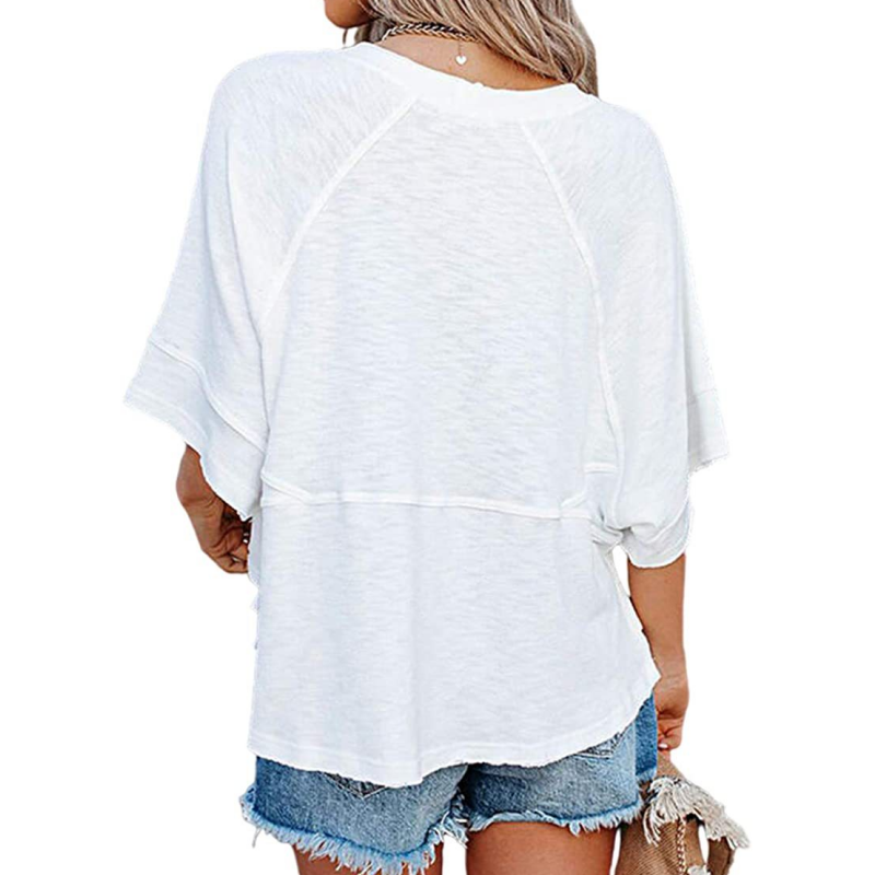 Effen gekleurd losse patchwork T-shirt met vijf punten uitlopende mouwen