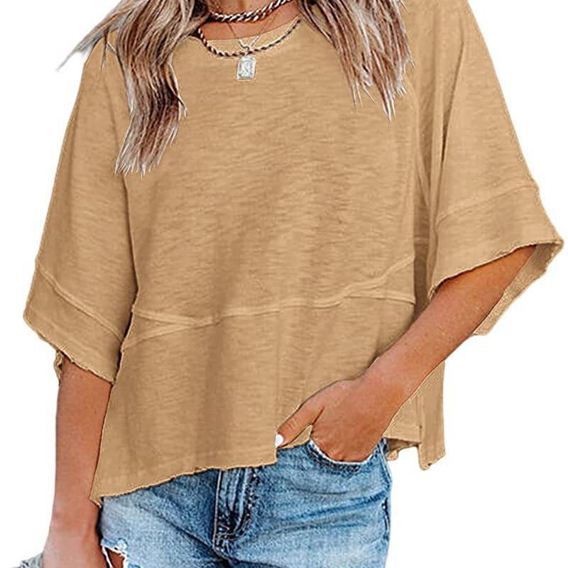 Effen gekleurd losse patchwork T-shirt met vijf punten uitlopende mouwen