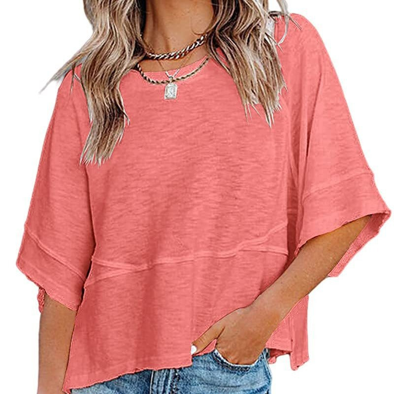 Effen gekleurd losse patchwork T-shirt met vijf punten uitlopende mouwen