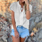 Damen V-Ausschnitt Stickerei Hollow Kurzarm-Shirt