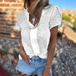 Damen V-Ausschnitt Stickerei Hollow Kurzarm-Shirt