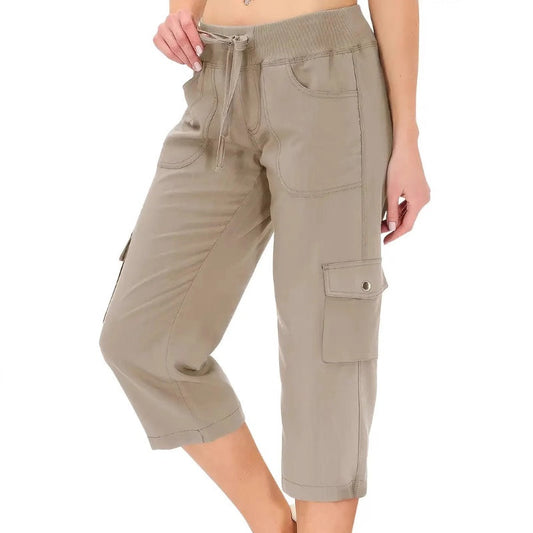 Effen damesbroek met hoge taille en koord, 3/4 lang