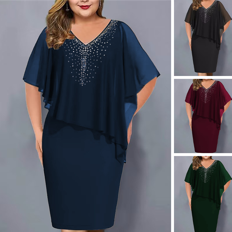 🌸Zomeraanbiedingen 2026💐Capejurk met V-hals en strass-steentjes, met een laagje chiffon eroverheen