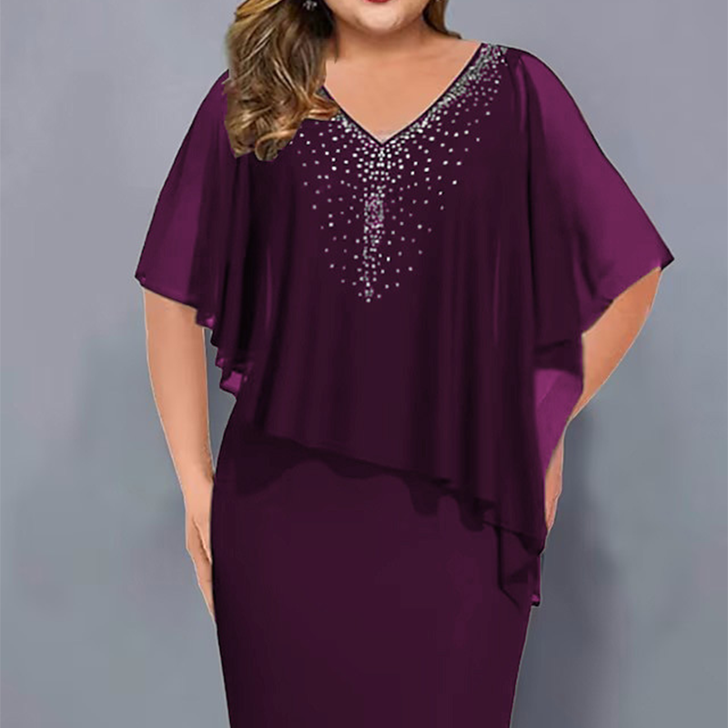 🌸Zomeraanbiedingen 2026💐Capejurk met V-hals en strass-steentjes, met een laagje chiffon eroverheen