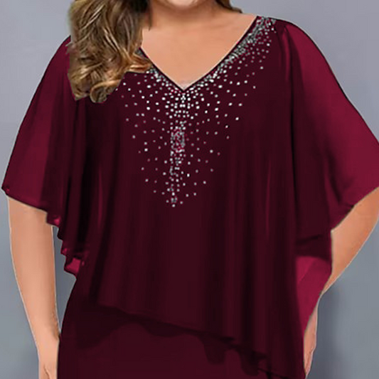 🌸Zomeraanbiedingen 2026💐Capejurk met V-hals en strass-steentjes, met een laagje chiffon eroverheen