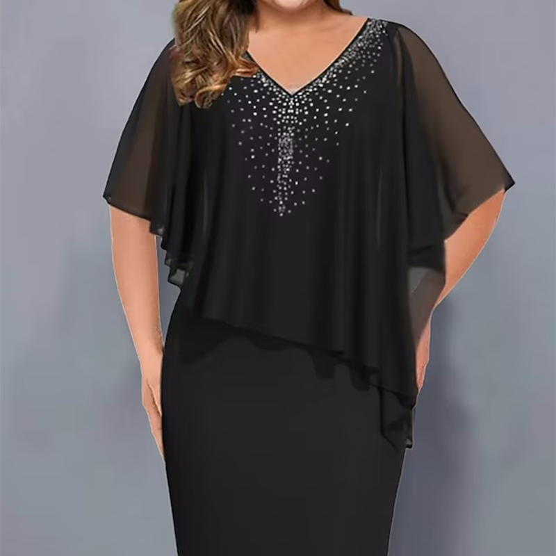 🌸Zomeraanbiedingen 2026💐Capejurk met V-hals en strass-steentjes, met een laagje chiffon eroverheen