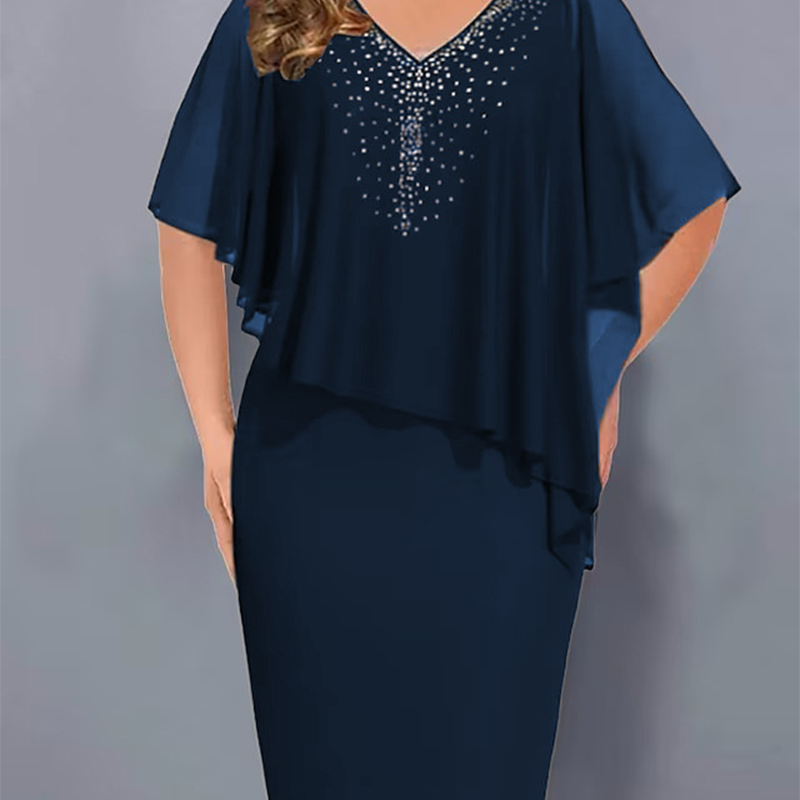🌸Zomeraanbiedingen 2026💐Capejurk met V-hals en strass-steentjes, met een laagje chiffon eroverheen