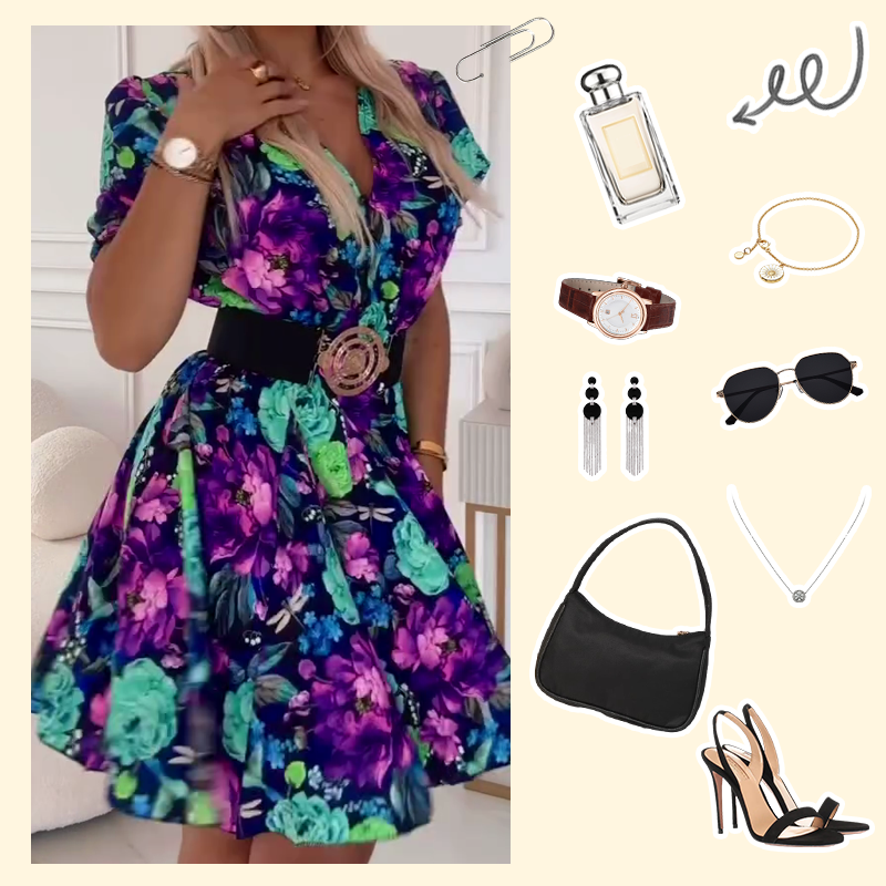 🔥2025 Hot Sale🔥Mini jurk met bloemenprint en V-hals voor dames