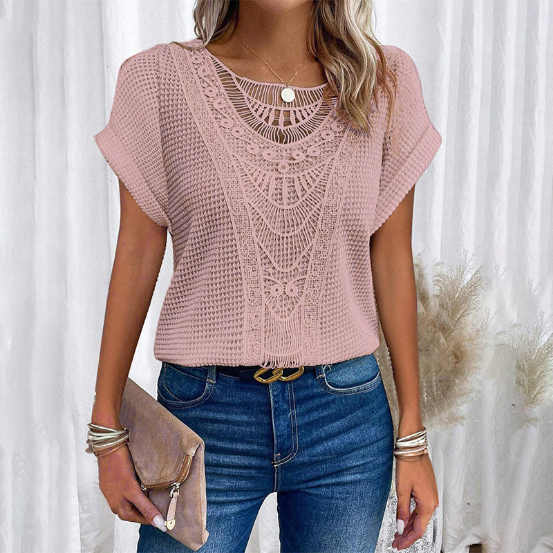 ✨50% OFF✨Effen gehaakte tops met ronde hals en korte mouwen voor dames