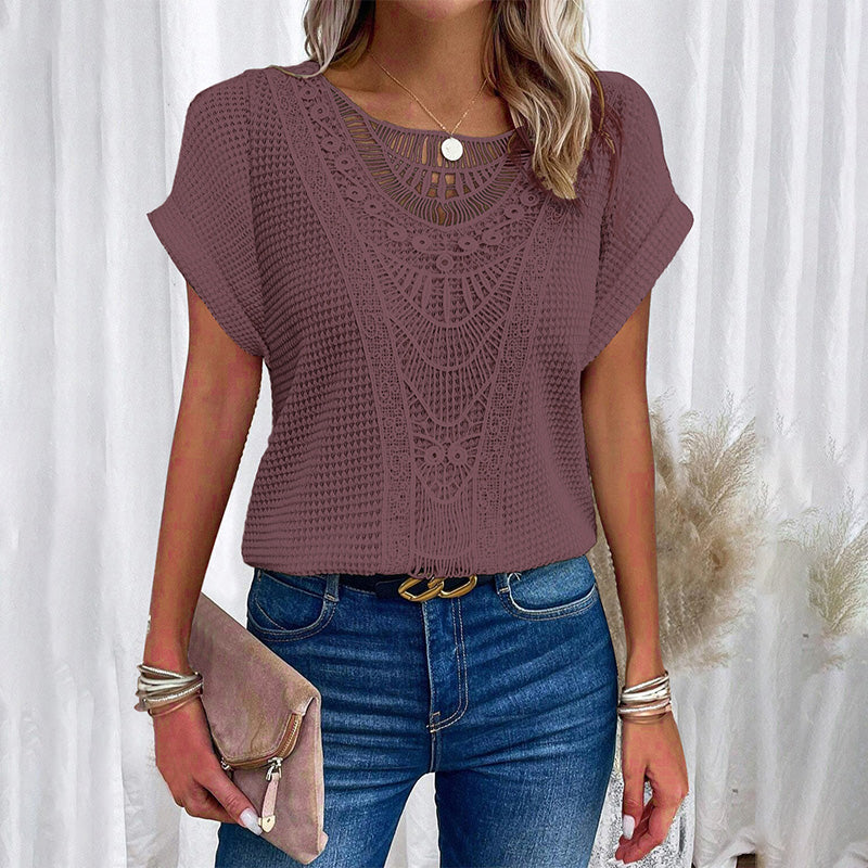 ✨50% OFF✨Effen gehaakte tops met ronde hals en korte mouwen voor dames
