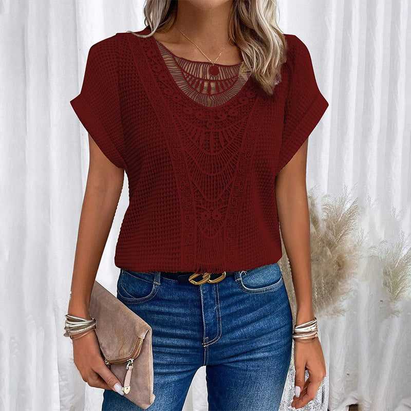 ✨50% OFF✨Effen gehaakte tops met ronde hals en korte mouwen voor dames