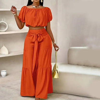 👑 Vol zelfvertrouwen! Vrouwen 2-delige Set: Off-shoulder Top met Pofmouwen en Wijd-pijpen Broek ✨