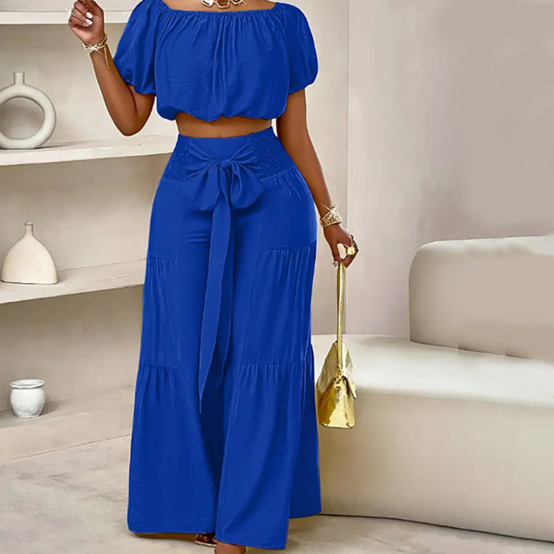 👑 Vol zelfvertrouwen! Vrouwen 2-delige Set: Off-shoulder Top met Pofmouwen en Wijd-pijpen Broek ✨