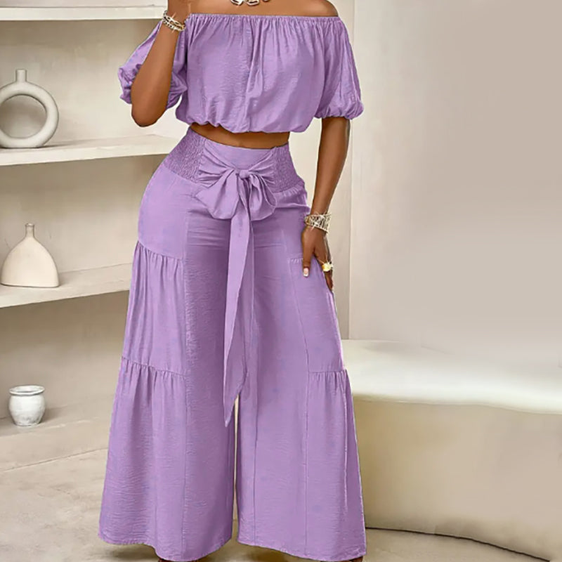 👑 Vol zelfvertrouwen! Vrouwen 2-delige Set: Off-shoulder Top met Pofmouwen en Wijd-pijpen Broek ✨