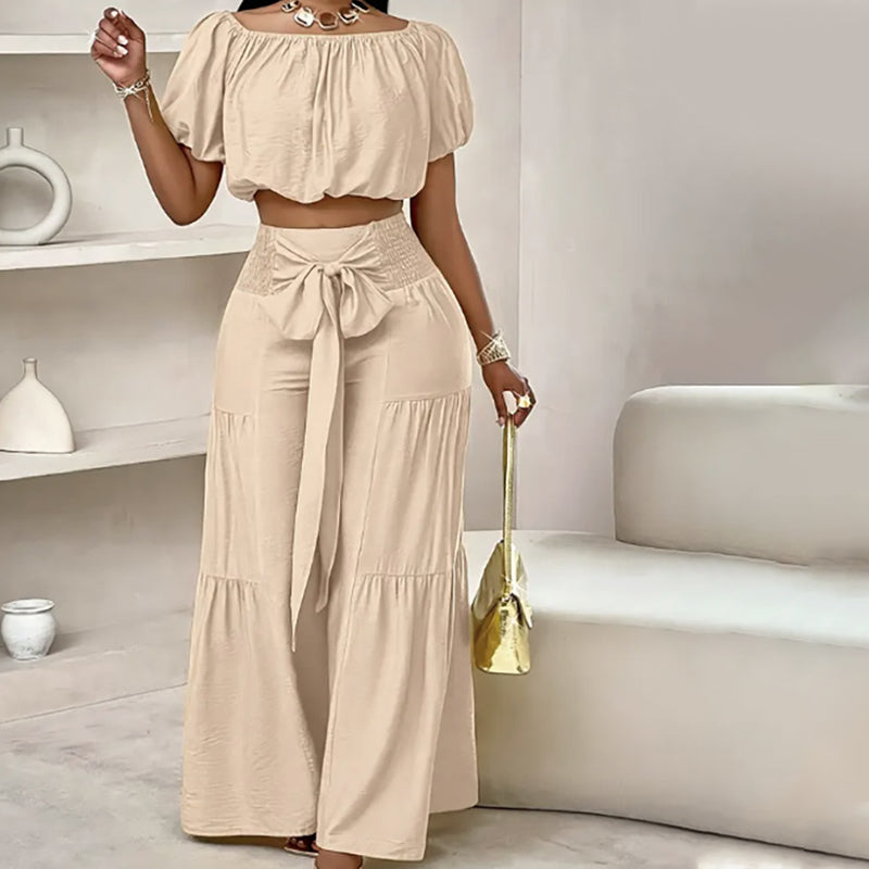 👑 Vol zelfvertrouwen! Vrouwen 2-delige Set: Off-shoulder Top met Pofmouwen en Wijd-pijpen Broek ✨