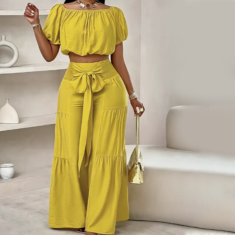 👑 Vol zelfvertrouwen! Vrouwen 2-delige Set: Off-shoulder Top met Pofmouwen en Wijd-pijpen Broek ✨
