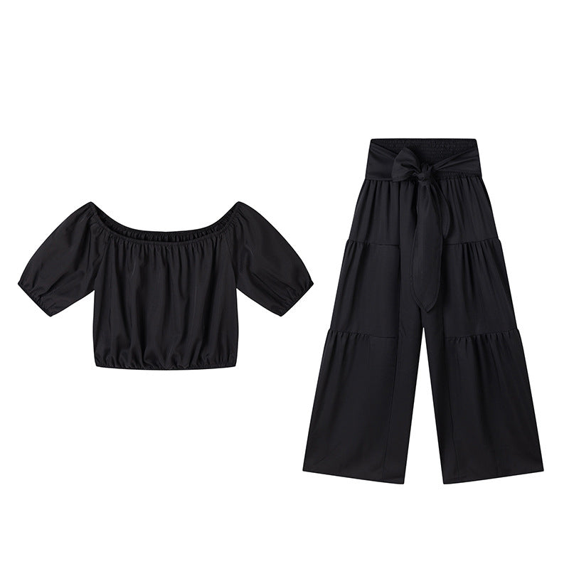 👑 Vol zelfvertrouwen! Vrouwen 2-delige Set: Off-shoulder Top met Pofmouwen en Wijd-pijpen Broek ✨