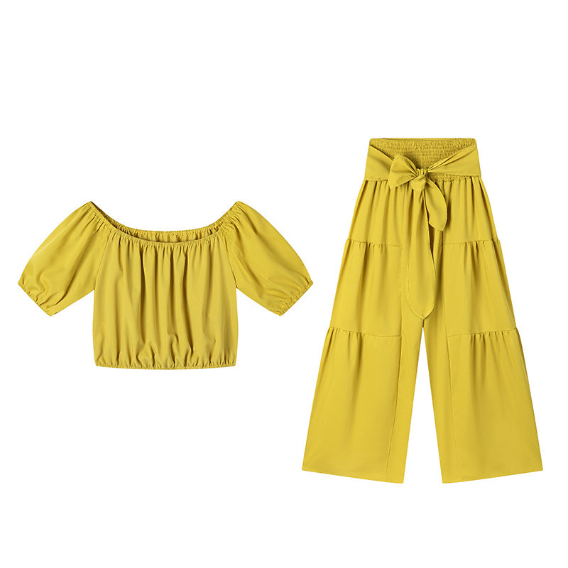 👑 Vol zelfvertrouwen! Vrouwen 2-delige Set: Off-shoulder Top met Pofmouwen en Wijd-pijpen Broek ✨