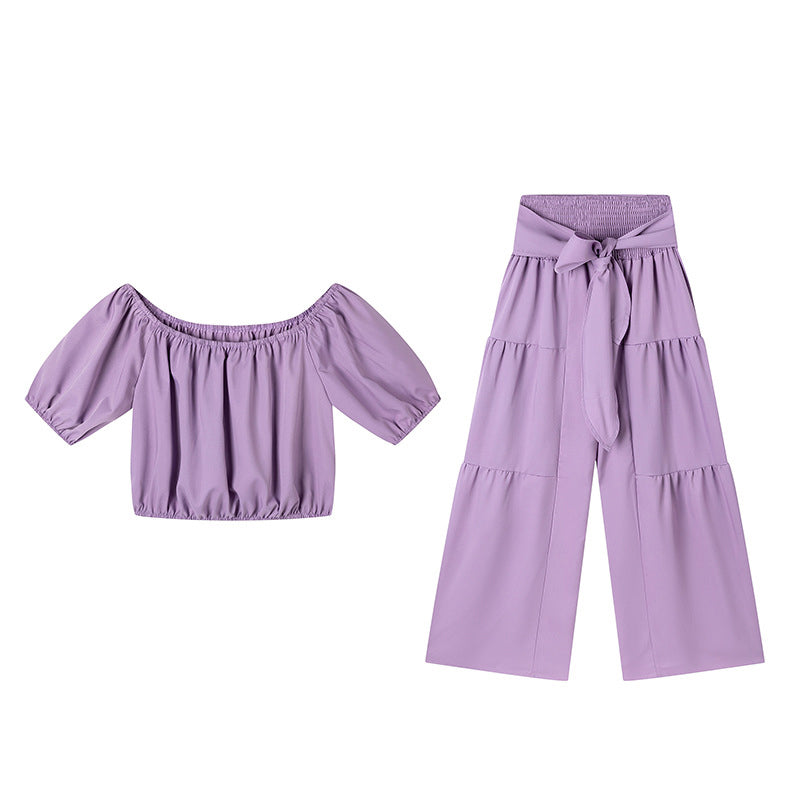👑 Vol zelfvertrouwen! Vrouwen 2-delige Set: Off-shoulder Top met Pofmouwen en Wijd-pijpen Broek ✨