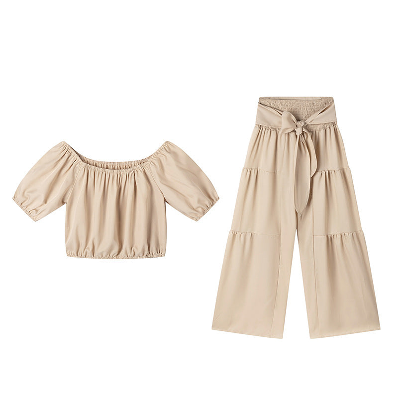 👑 Vol zelfvertrouwen! Vrouwen 2-delige Set: Off-shoulder Top met Pofmouwen en Wijd-pijpen Broek ✨