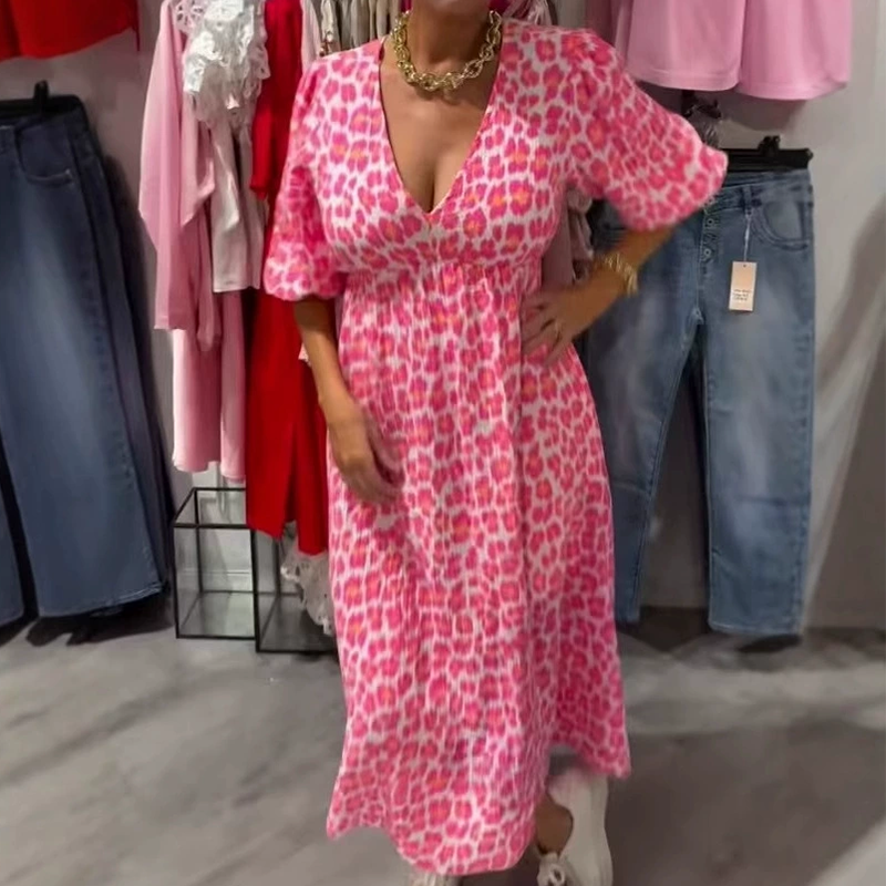 🎀Vroege Lente Aanbieding – 50% KORTING!  Damesjurk met V-hals en Print – Perfect voor Zomer en Vakantie!