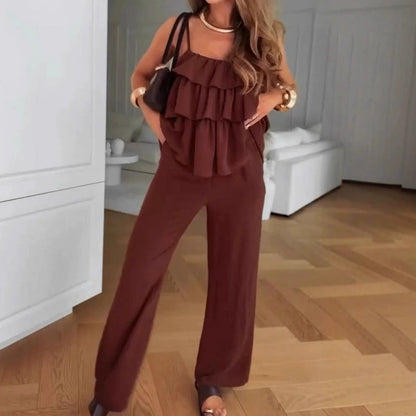 🌹👗 2025 Zomerpak in effen rood met rozen- en lotusbladmotief
