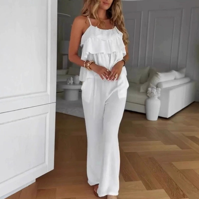 🌹👗 2025 Zomerpak in effen rood met rozen- en lotusbladmotief