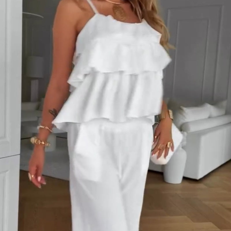 🌹👗 2025 Zomerpak in effen rood met rozen- en lotusbladmotief