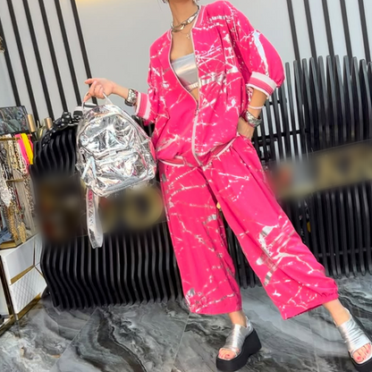 Losvallende 2-delige set voor dames: jasje en broek met elastische tailleband