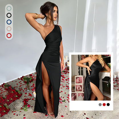 ⏰🎁Satijnen maxi-jurk met één schouder, drapering en split